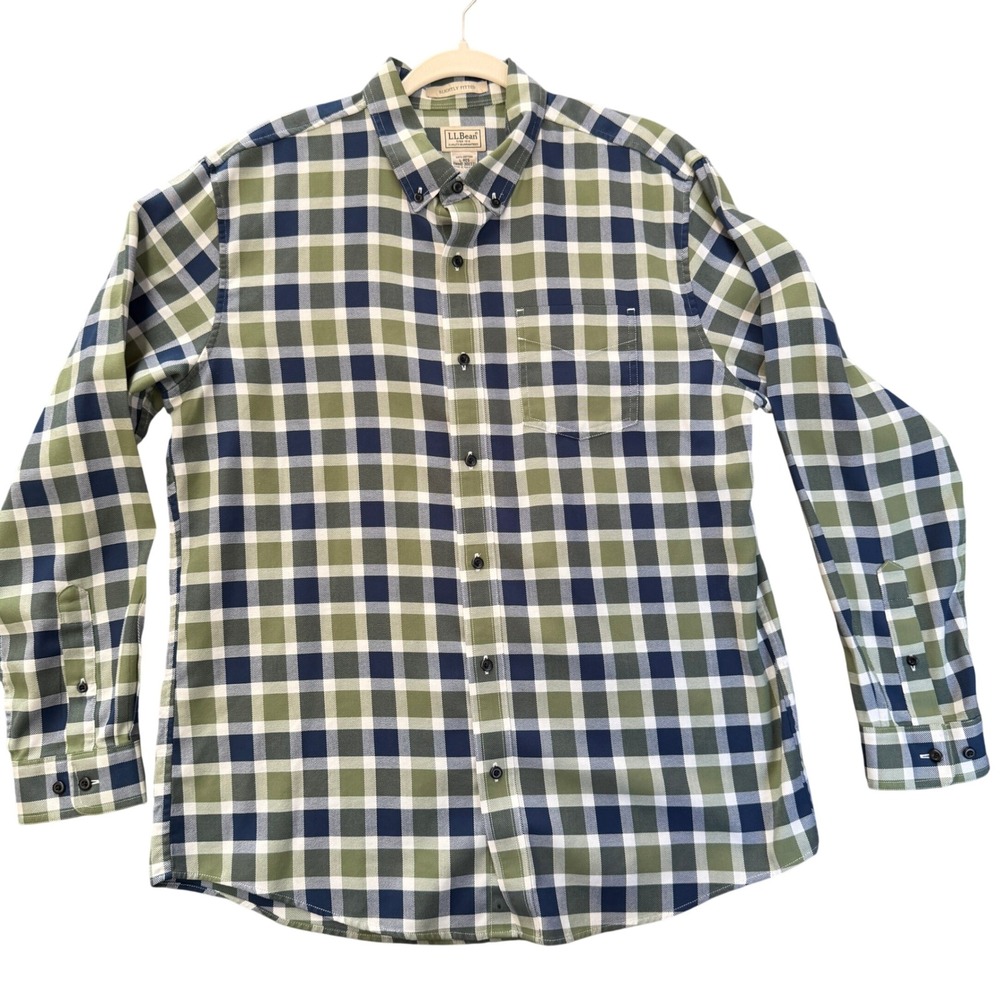 LL Bean Mens Large Green Navy Blue Plaid Cotton Button Down Shirt Camp Shirt